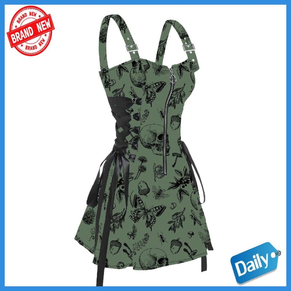 Sleeveless Mini Dress with Buckle Straps Lace Up Zipper Edgy Print